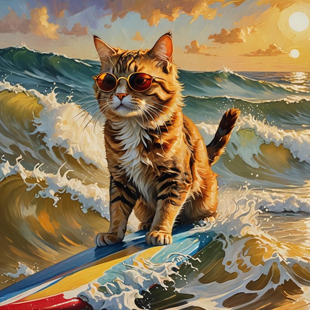 A cat surfs while wearing sunglasses intricately detailed go...
