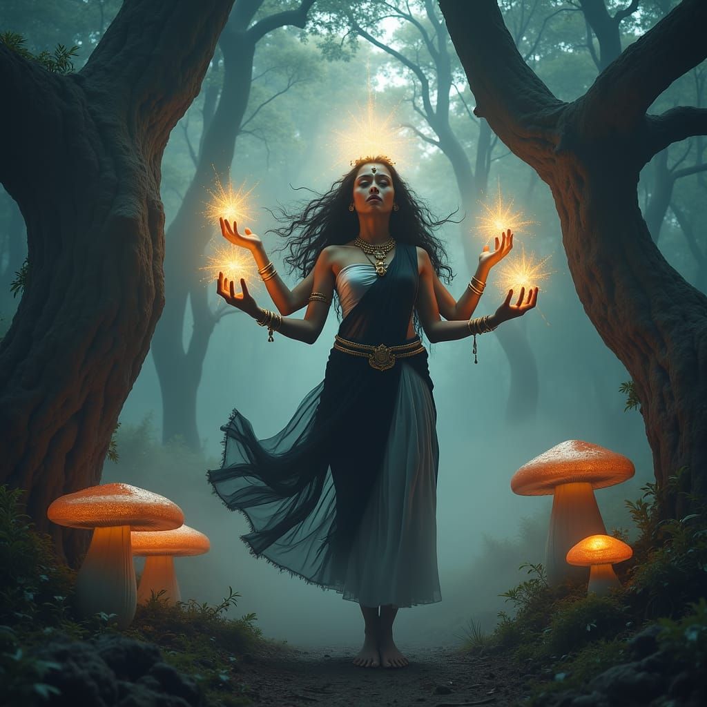 kali goddess, in every hand a star, open mouth, long red tongue, dark forest, big trees, big mushrooms, black and white coloured, high contr...