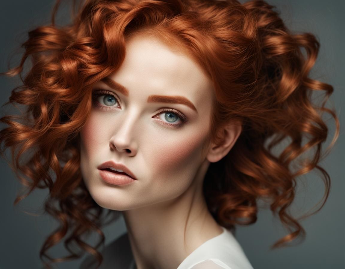cheveux bouclés rousse élégants et maquillage élégant, dans ...