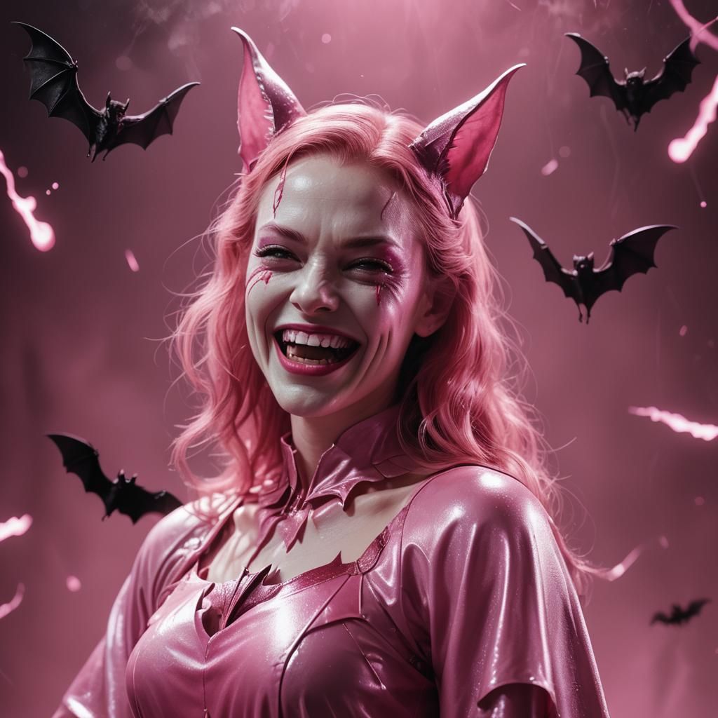 a glowing pink whity laughing girl bat hybrid, in a liquid sinister ...