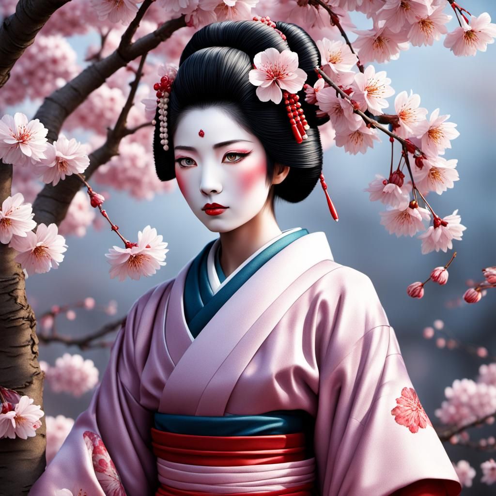 a beautiful geisha in front of a blooming cherry tree, realistic ...