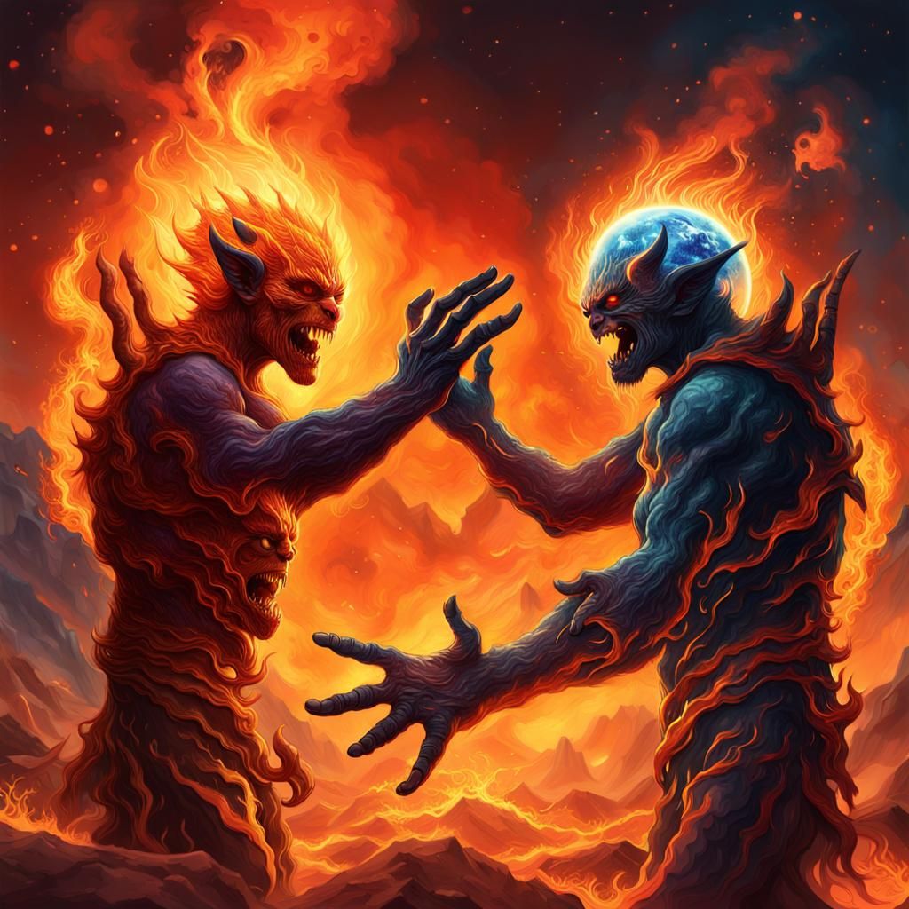 Two demons giving each other high fives while planet earth is on fire ...