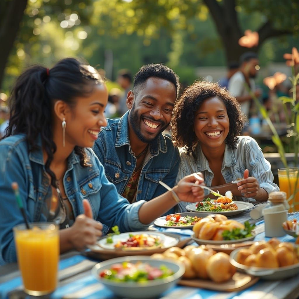 <lora:MJ6 EverydayFlux:1.0> An African American family laughing together at a picnic in the park, canon lens, shot on dslr, 64 megapixels,...