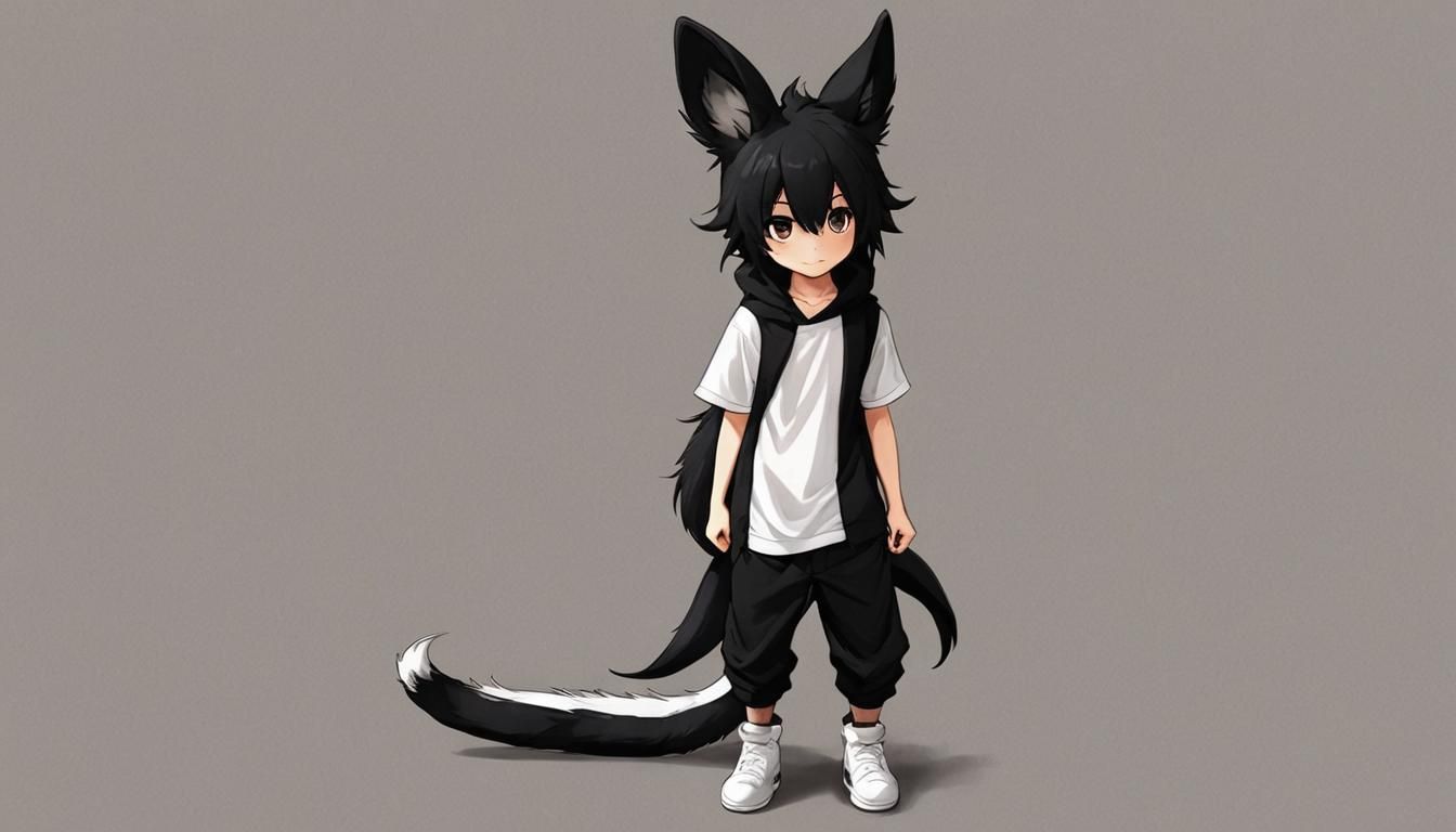 Furry human size boy black ears and long black tail cute
