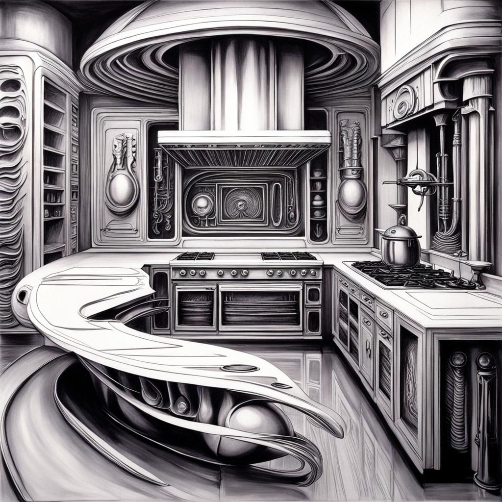 Modern kitchen, grey white, H. R. Giger