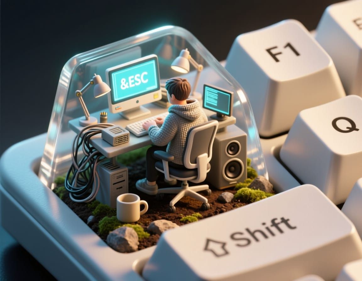 A hyper-realistic isometric 3D render of a miniature computer setup inside a translucent mechanical keyboard keycap on the ESC key of a real...