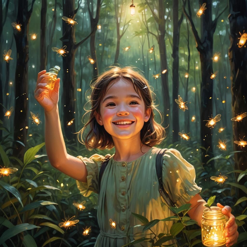 A smiling little girl holding up a glass jar filled with fir...