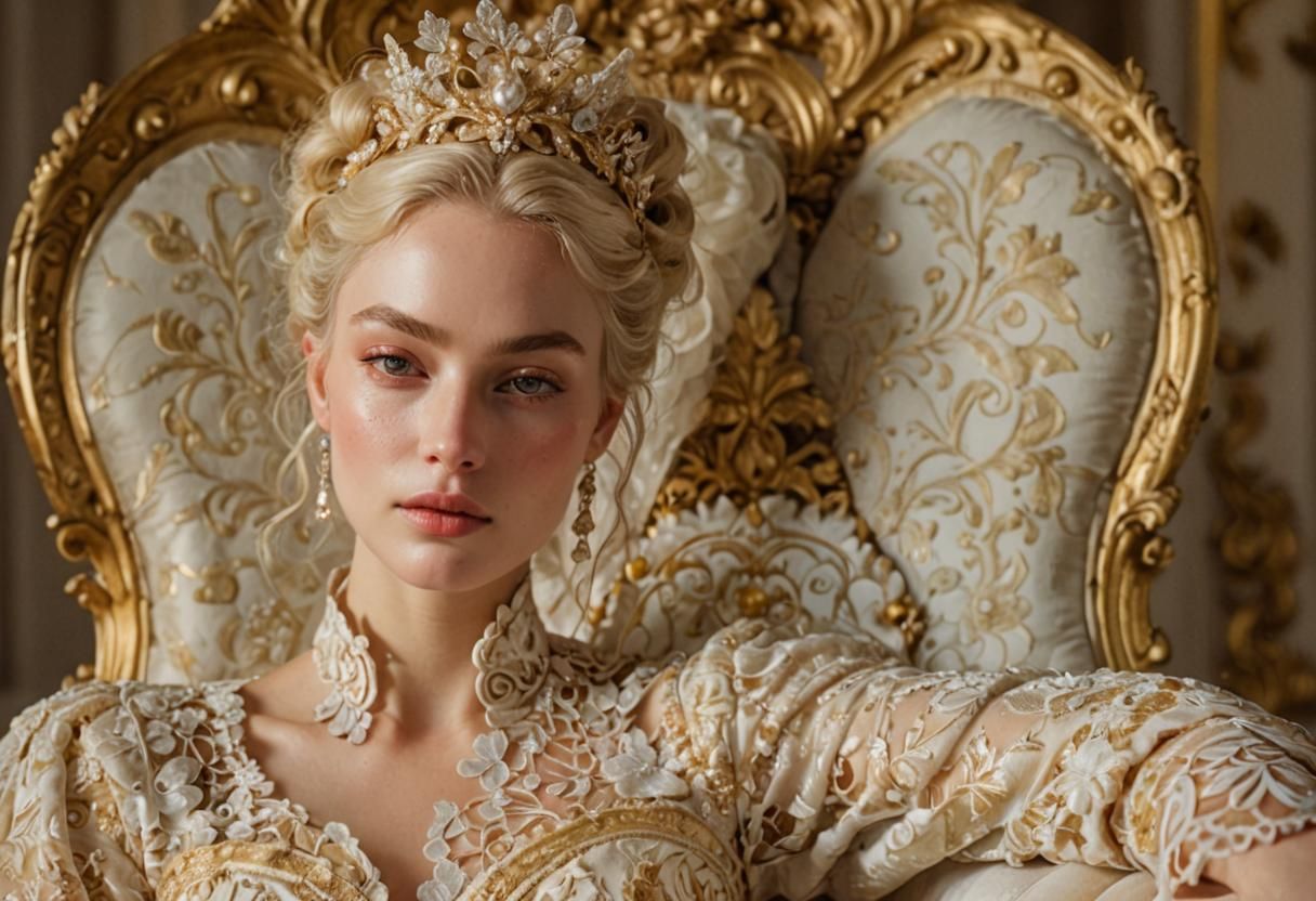 Beautiful blonde girl in White sangallo gown.