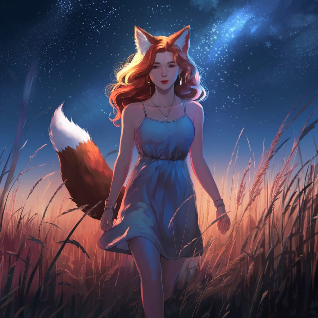 Adorable Fox-girl VIXEN walking in a field of tall grass wit...