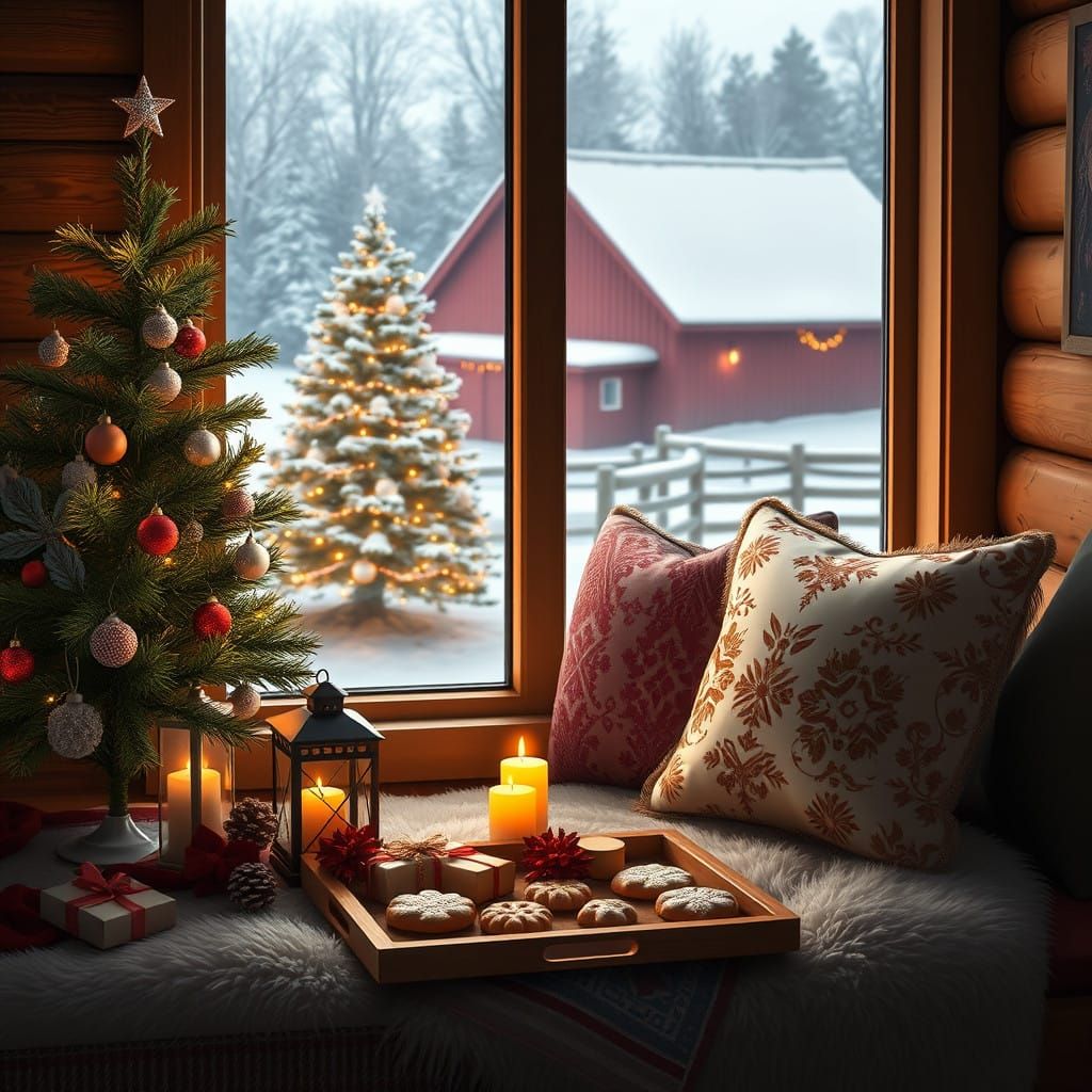 Warm Christmas Scene by the Window in a Cozy Cabin