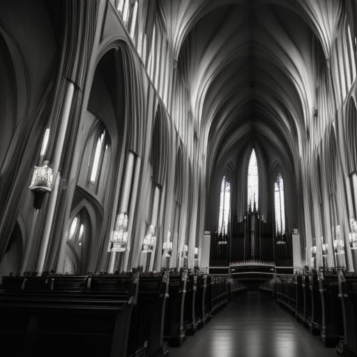 J.S. Bach playing large pipe organ in a cathedral. Ghosts flying out of ...