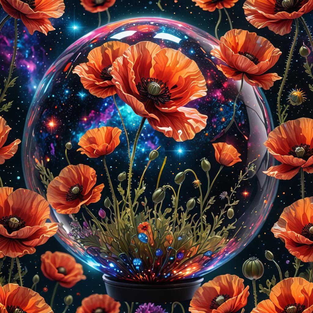 Portray a blooming poppy encased in a cosmic glass sphere.