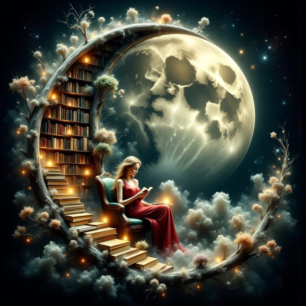 Dreamy Enchanted Library Under Full Moon
