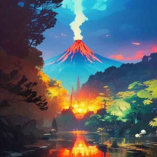Volcano🌋🌋🌋🌋 landscape by Yoshitaka Amano, Ismail Inceoglu, Hayao Miyazaki, Erin Hanson, Guweiz, Studio ...  by @idk