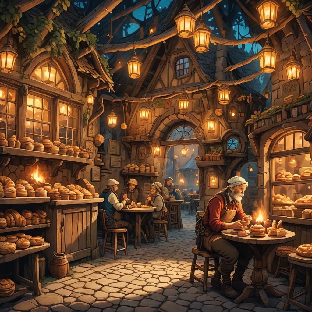 Fantasy Village Bakery Visit: Whimsical Illustration