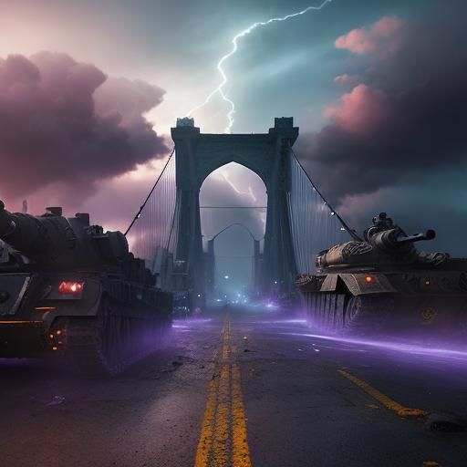 Tanks rolling down a street during a lightning storm