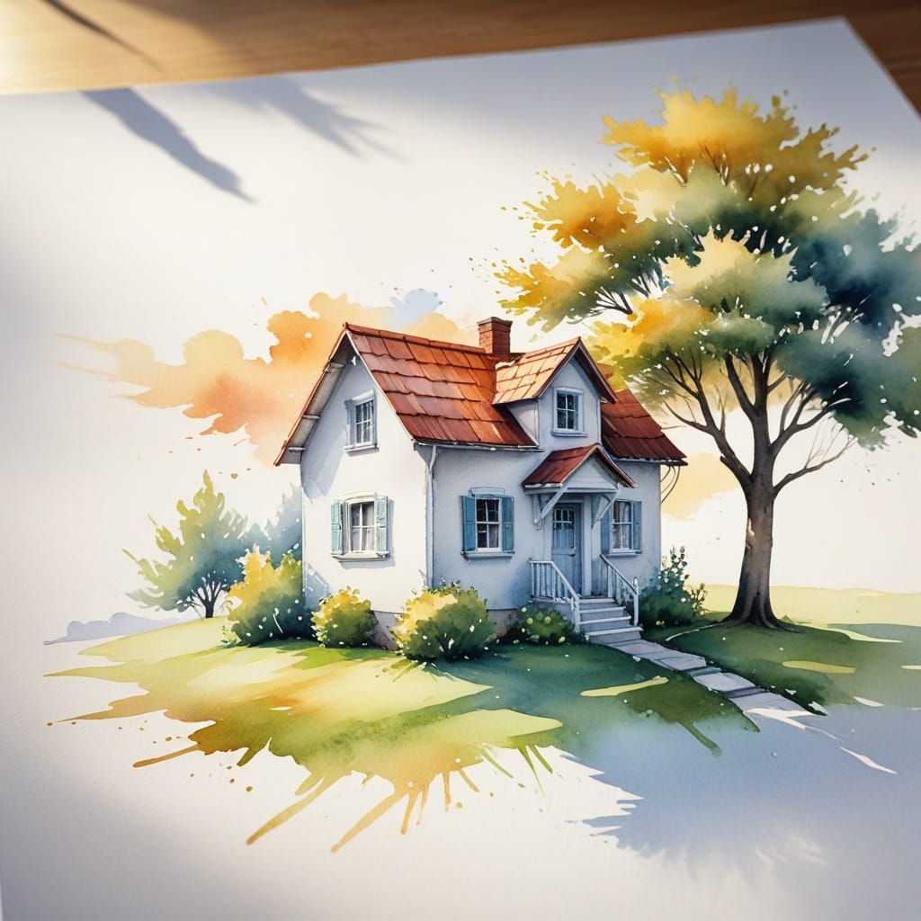 Dreamy Watercolor House and Tree Illustration