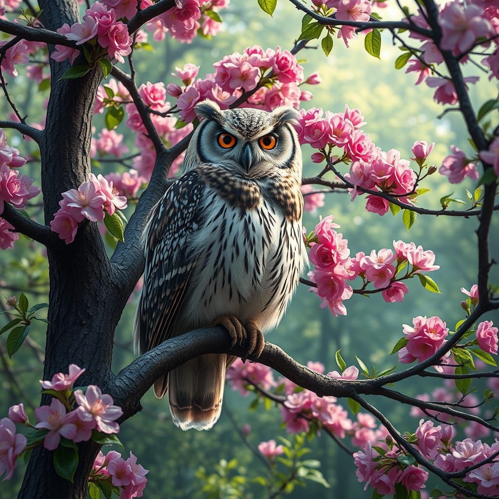 A breathtakingly detailed image of a serene forest setting, featuring a majestic owlet perched on a tree ...  by @Moonflowerrose69