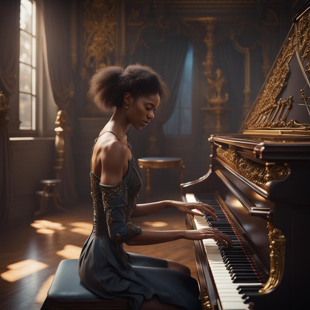 female virtuoso playing piano with all 10 fingers on the fre...