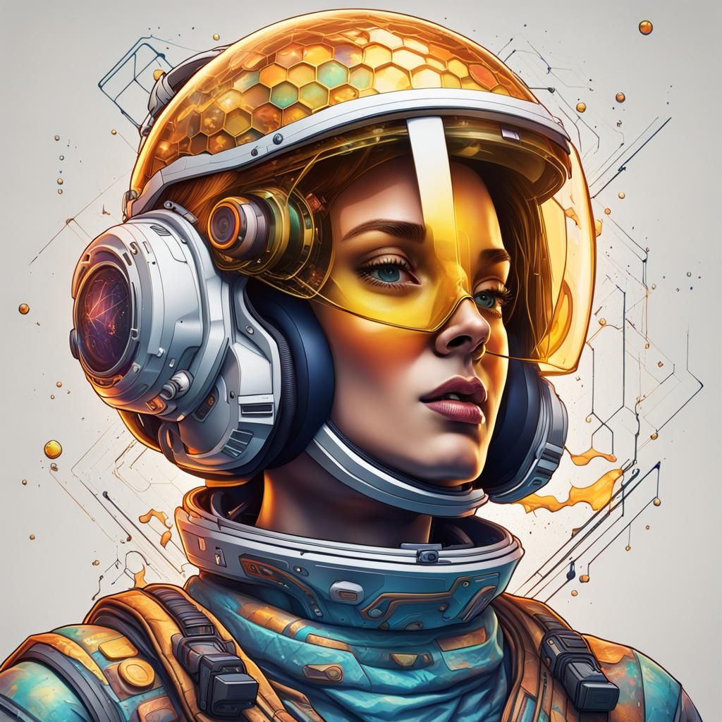 photo realistic female wearing a honey combed open faced space helmet