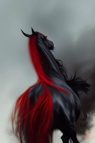 A black friesian horse with beautiful red mane and tail