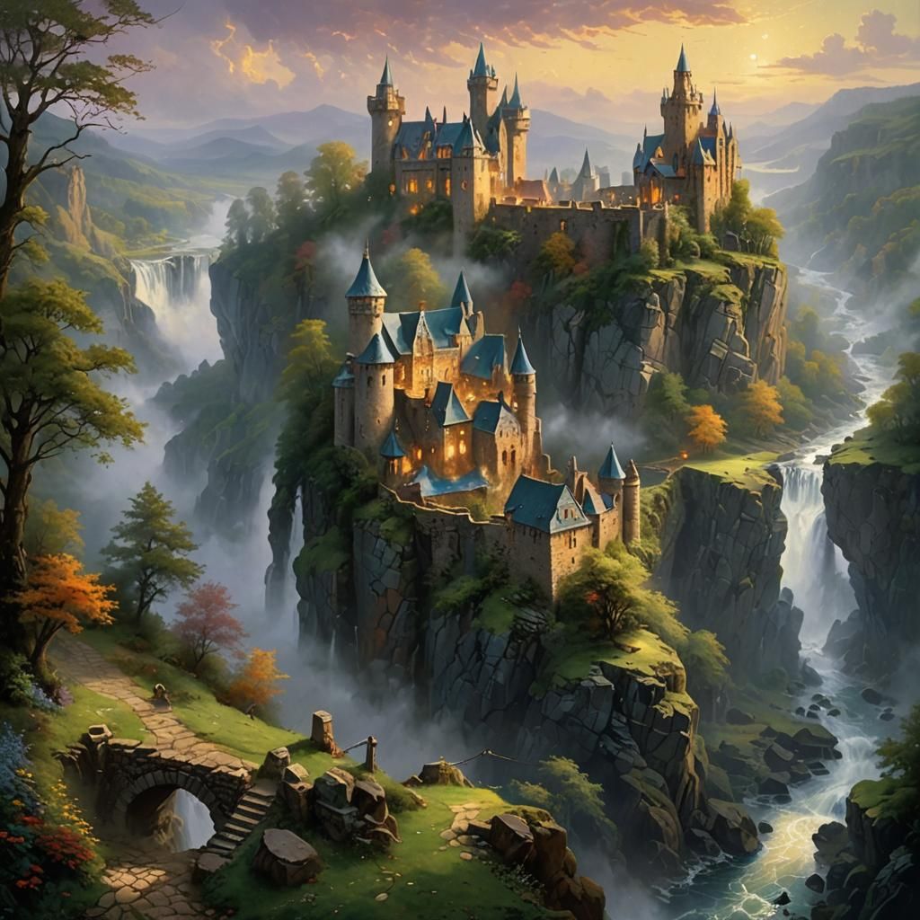 castle with a river near a cliff edge in ruins