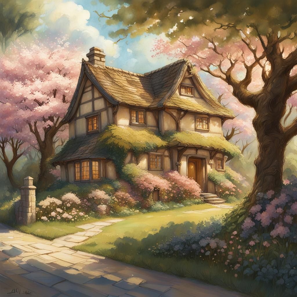 Quaint Cottage Under Cherry Blossom Tree: Fantasy Art