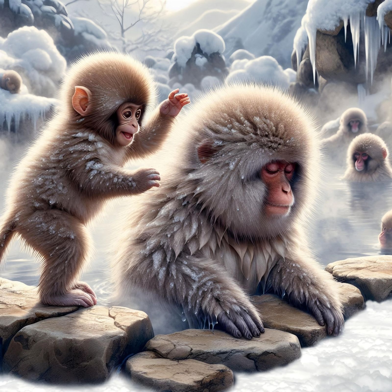 Mischief at the Onsen: A Baby Japanese Macaque’s Playtime