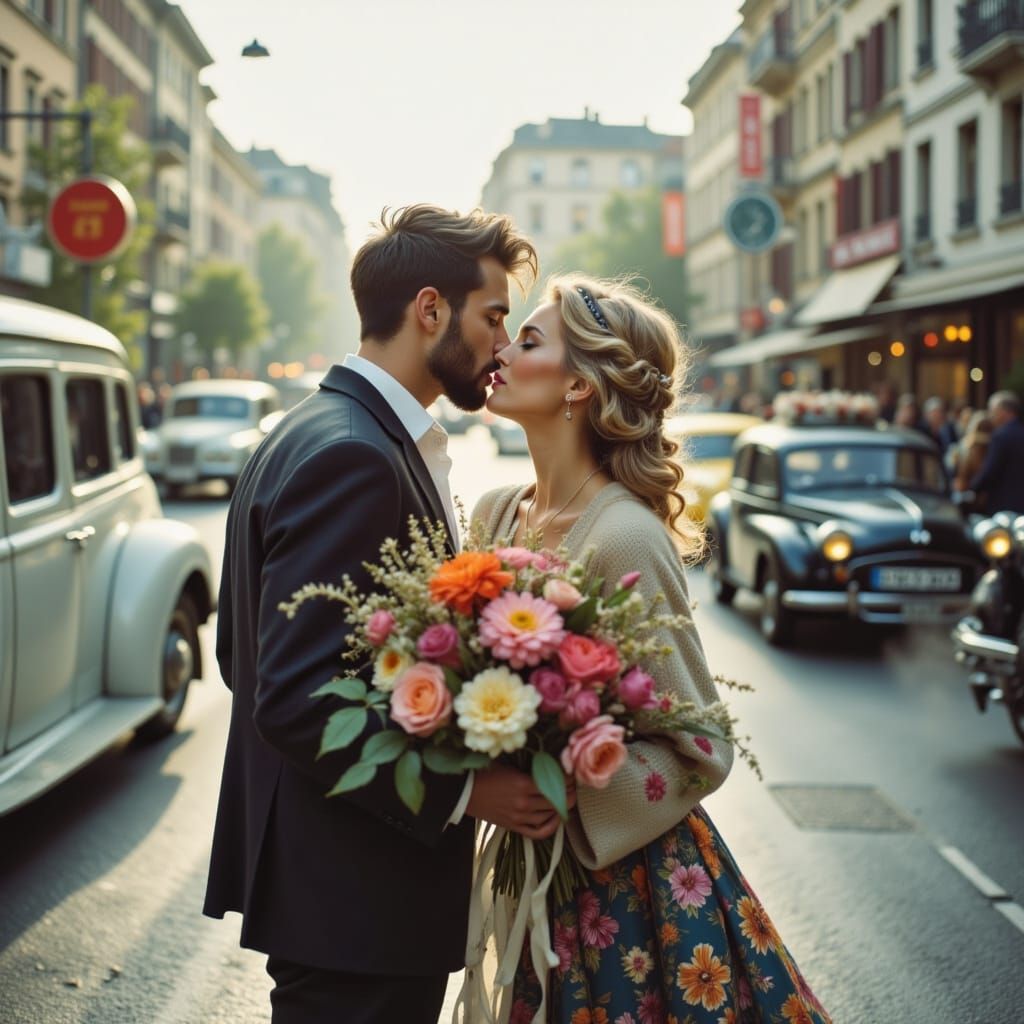 Couple Kissing in Vienna Street, Fashion Editorial Style