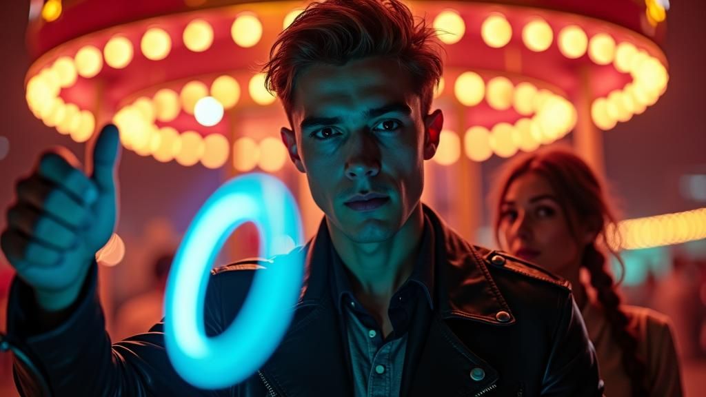 "Leo (his handsome features animated with mischief, a supernatural blue glow in his eyes, black jacket) throws rings with supernatural accur...