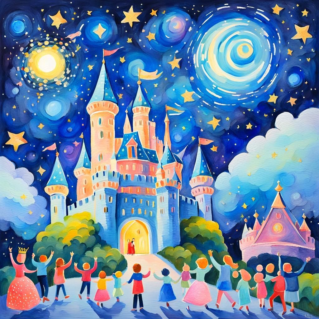 a light castle under the stars and inside people are happy a...