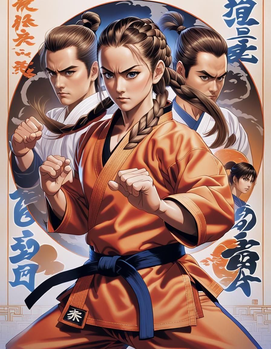 A stunningly detailed anime-style portrait of Martha Kober, a 21-year-old martial arts expert, beautifully captured at her dojo. She has med...