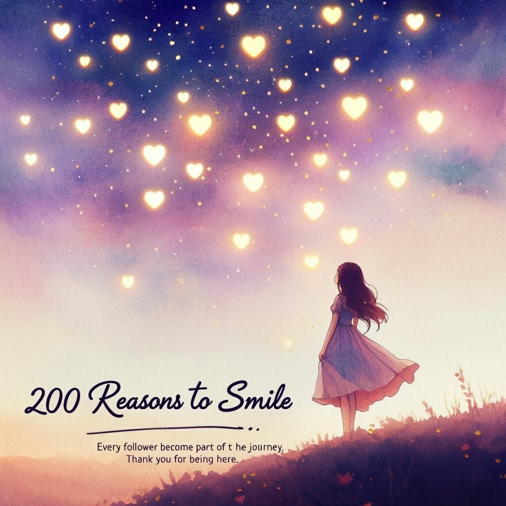 Girl Gazing at Heart Stars in Watercolor Sky