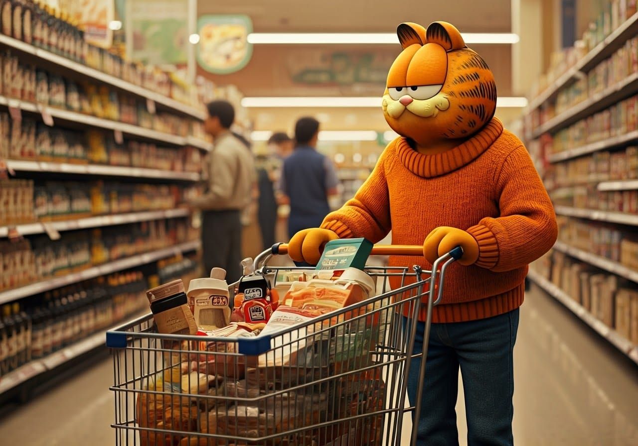 Garfield is shopping at a grocery store, pushing his shopping cart and chatting with other customers ...  by @Wycca