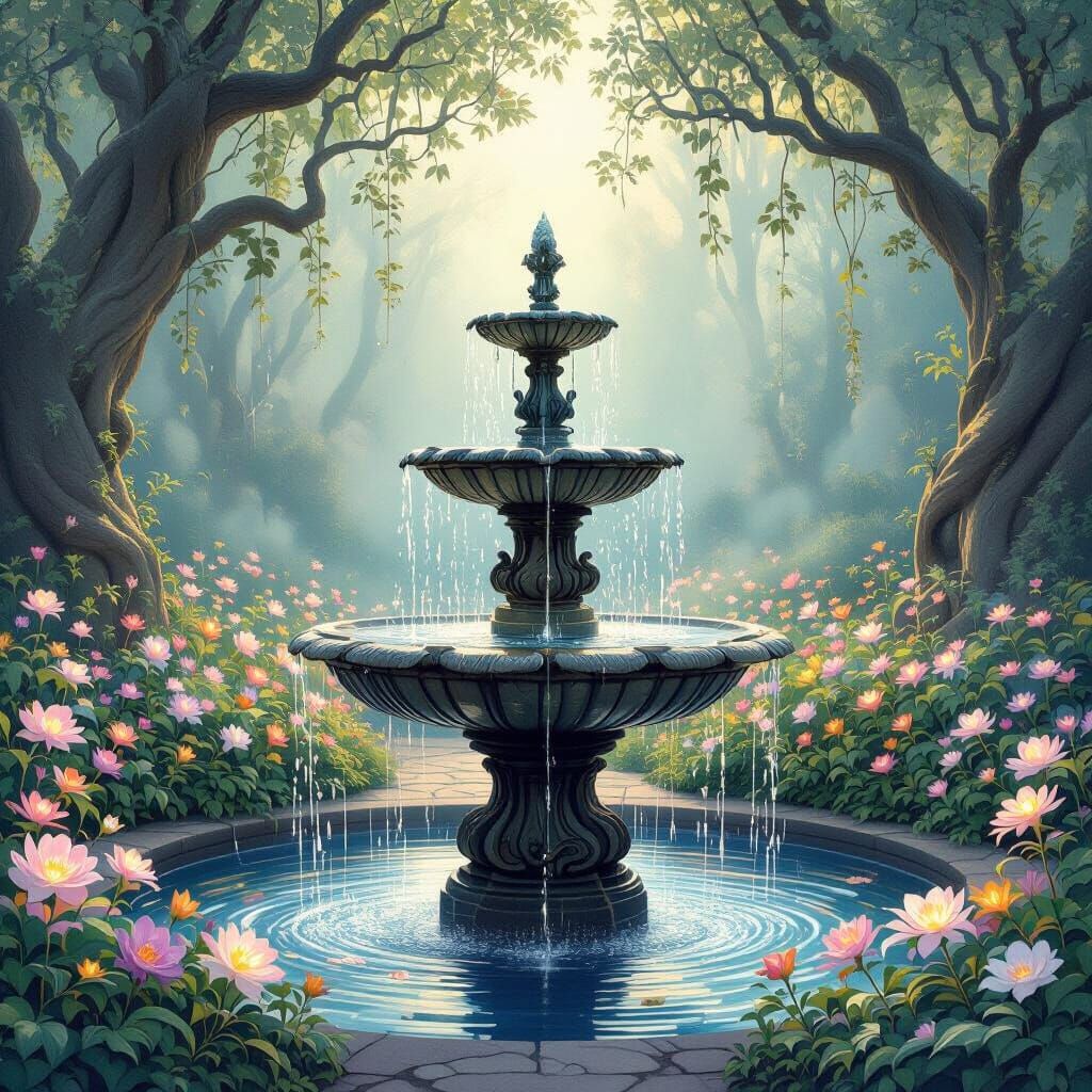 Magical Garden Fountain with Luminous Flowers in Art Nouveau...