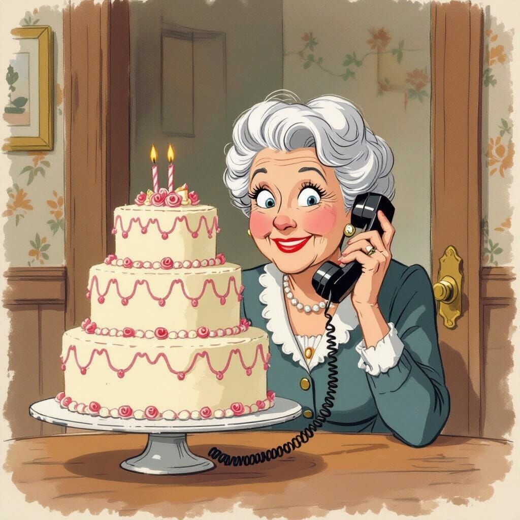 Mrs. Higgins is on the phone, looking slightly mischievous. In the background, the cake is being used as a doorstop.