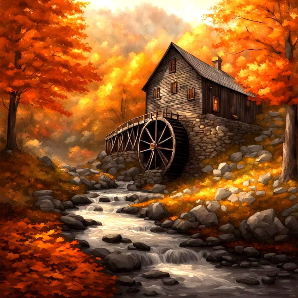 Autumn Gristmill with Leaves in Charcoal Style