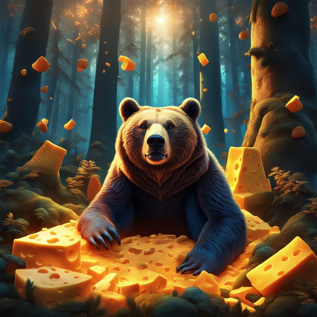 A bear who gets eaten by a giant block of cheese