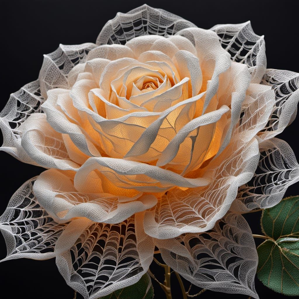 A detailed rose sculpture woven entirely from glowing spider silk, sparkling with morning dew. Each petal woven entirely from spiderweb. The...