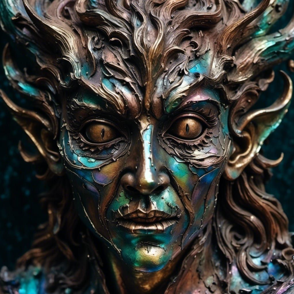 <lora:WoodenUknow:1.0> Demon. Made of iridescent foil. Vivid, realistic, dreamy, portrait, detailed, baroque, moody. 