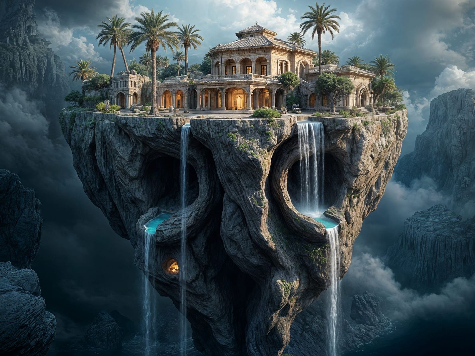 Surreal Villa on Floating Skull Rock in Dark Void