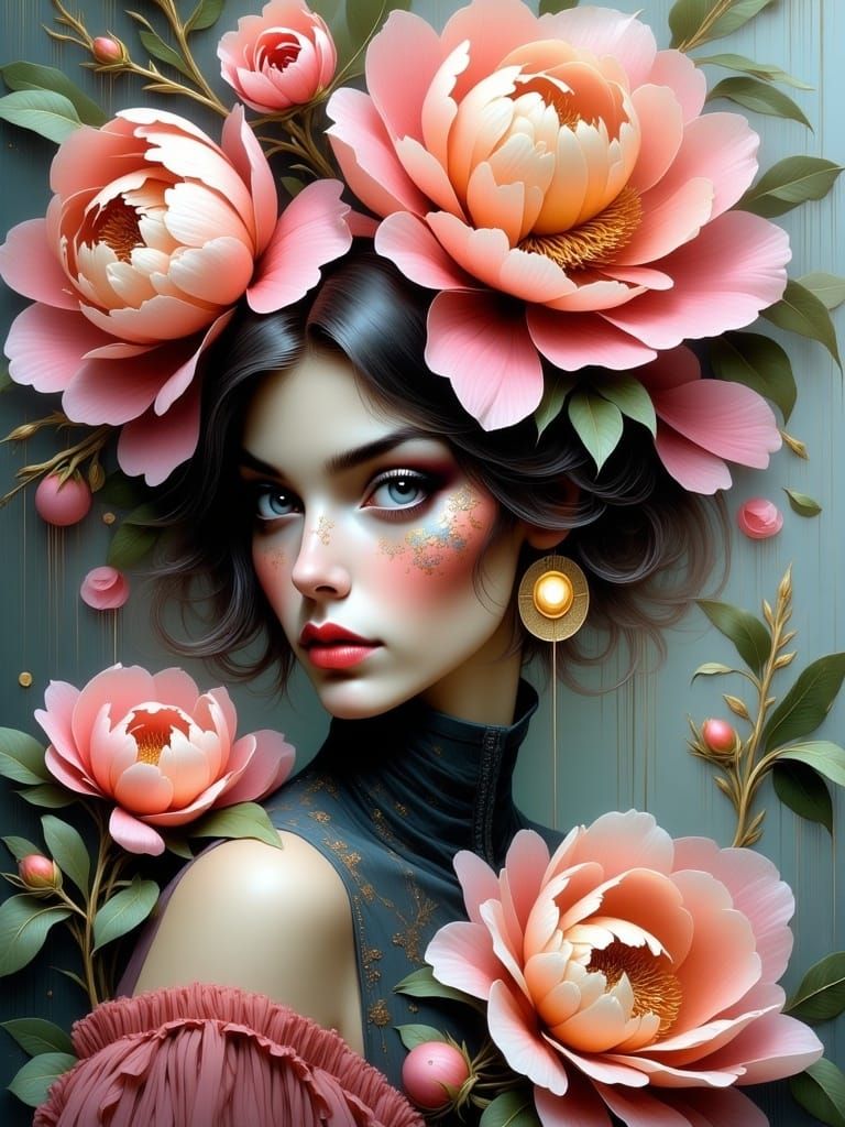 <lora:Niji-insp2:1.0>  Niji painterly portrait of a woman with a opalescent skull makeup face paint, amidst decaying peonies painted with ex...