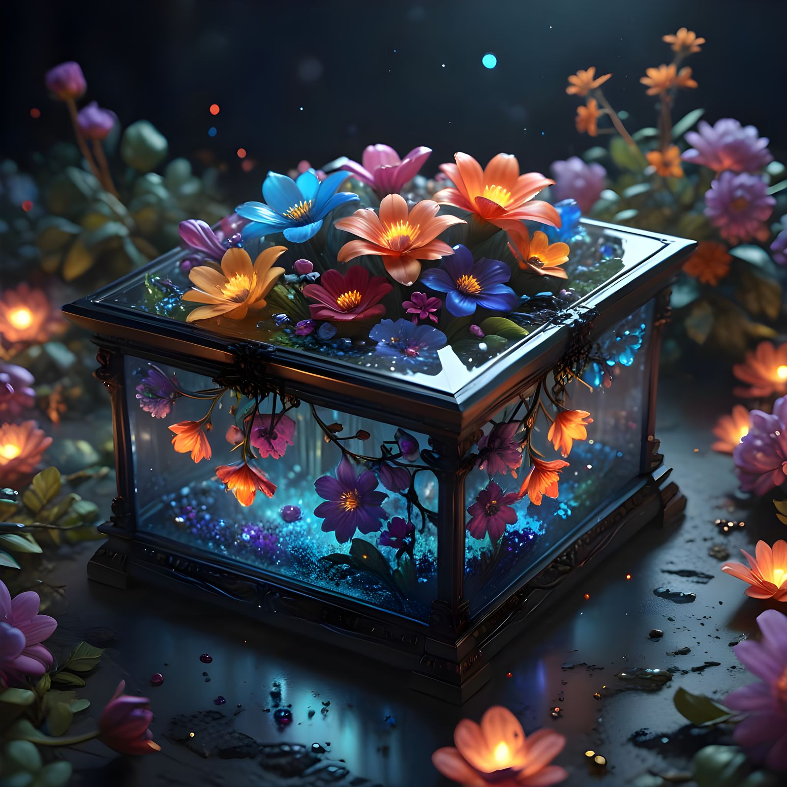 Surreal Fantasy Jewelry Box Overflowing with Glowing Blooms....