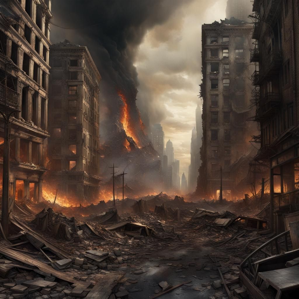 Apocalyptic cityscape in ruins: toppled skyscrapers, cracked...