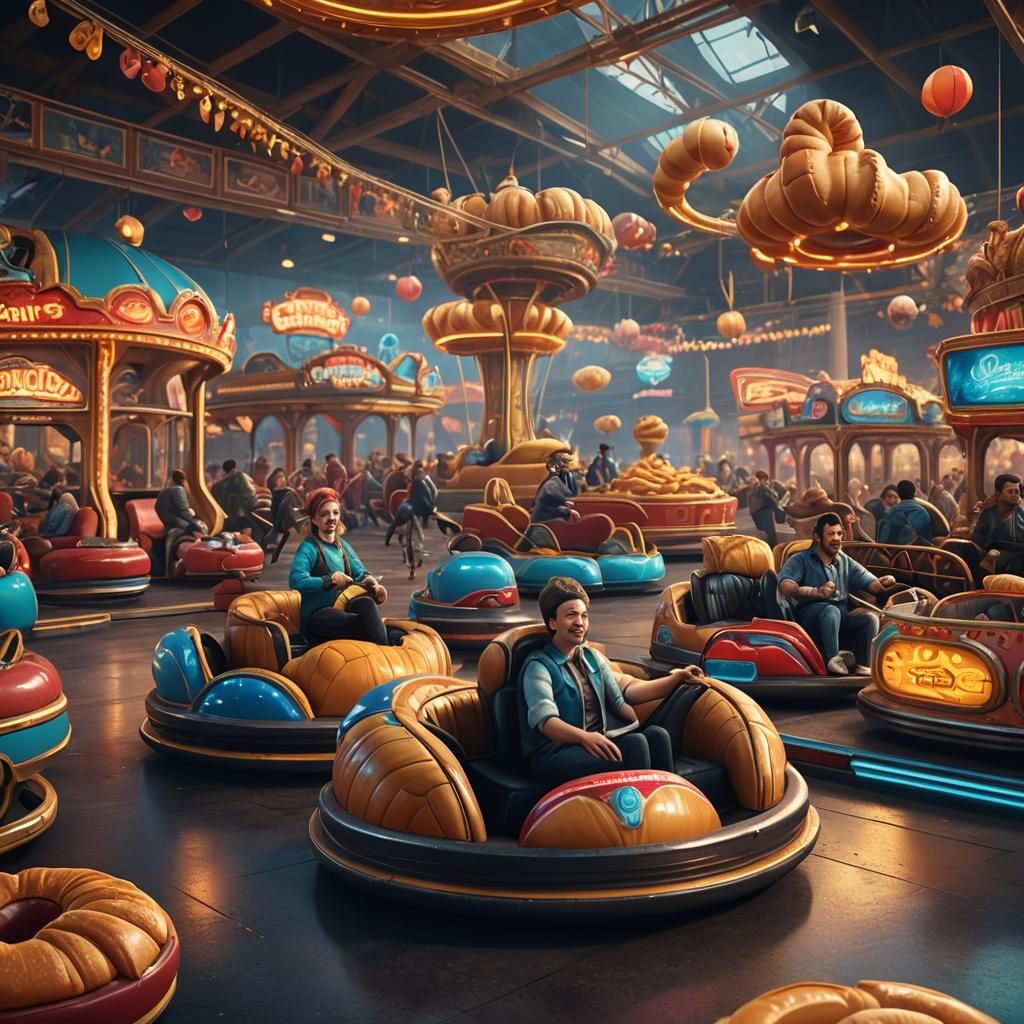 indoor bumper cars rides that has croissant, buns, and wheat...