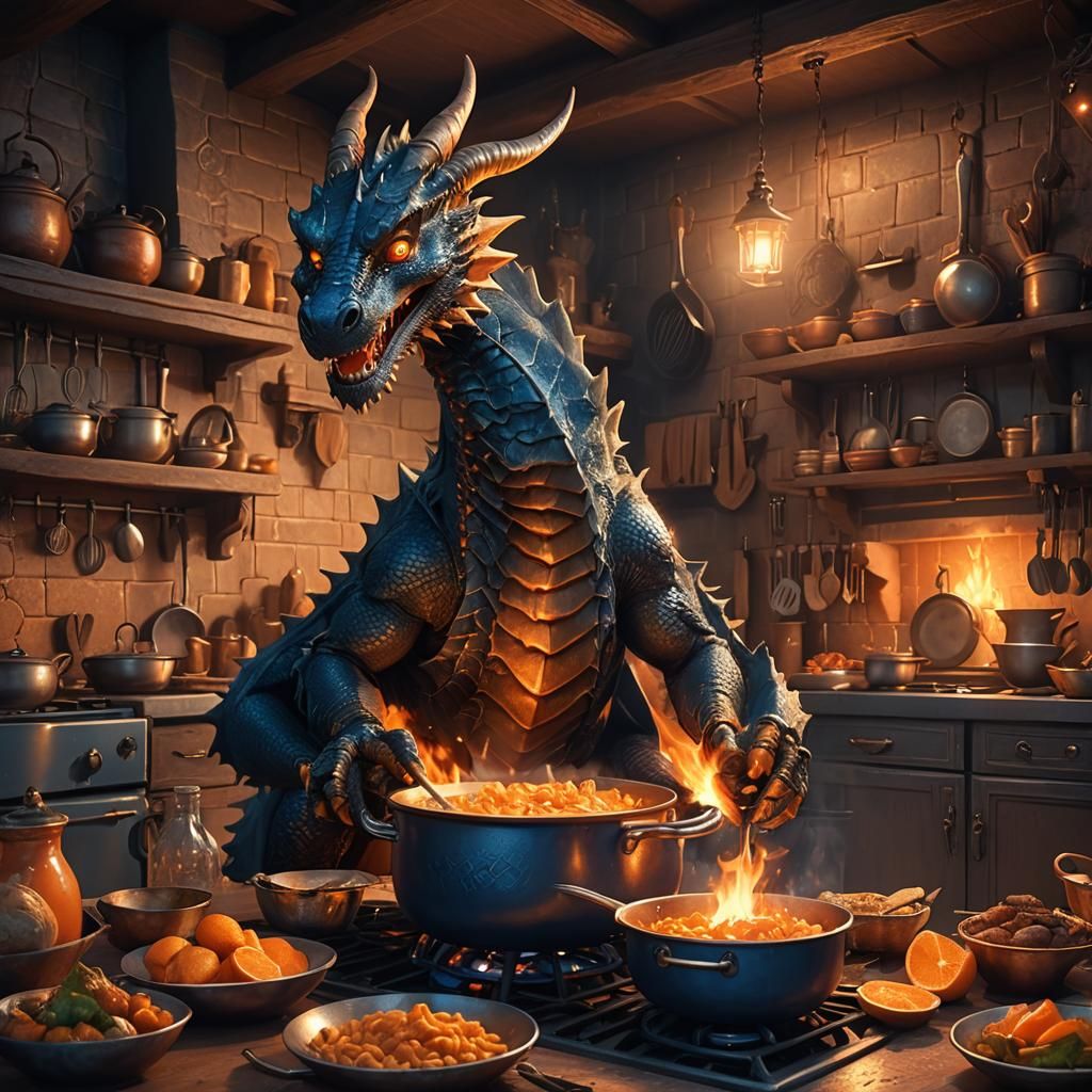 Cute dragon cooking dinner