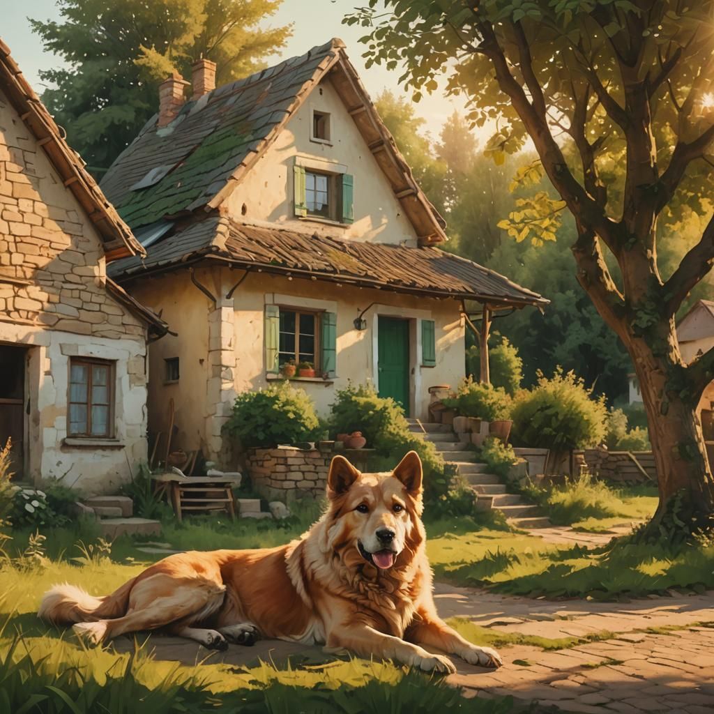 Giant Guard Dog in Green Village: Realistic Digital Art