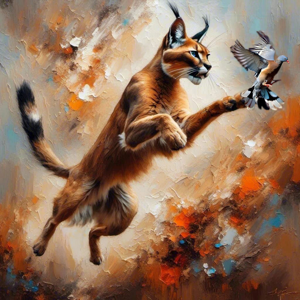 Caracal swiping at a bird