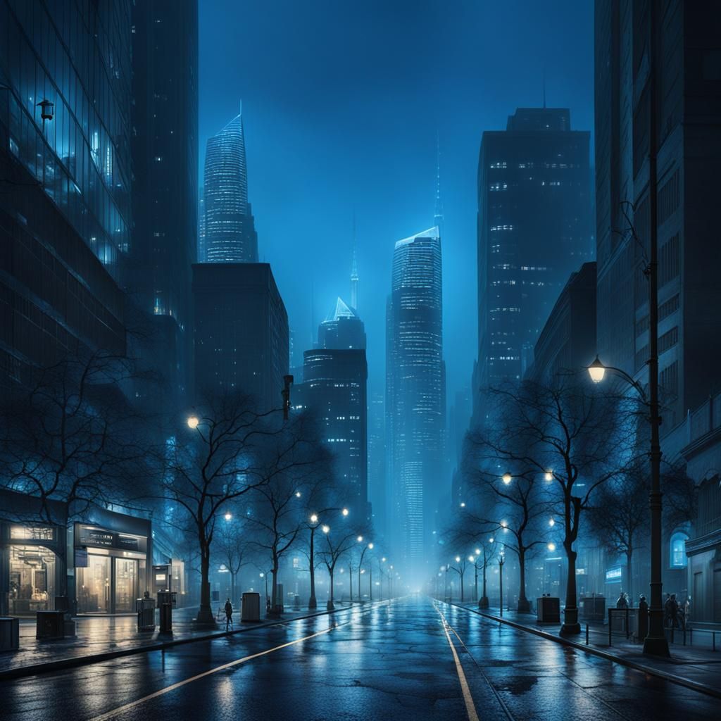 A serene cityscape at dusk, bathed in a soft blue hue, with towering skyscrapers and bustling streets ...  by @KRS