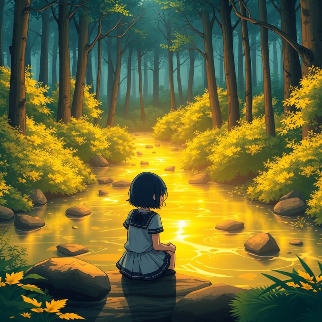 Anime Girl by Golden Forest River